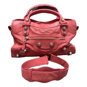 Coral Pink Leather Satchel Bag with Detachable Strap